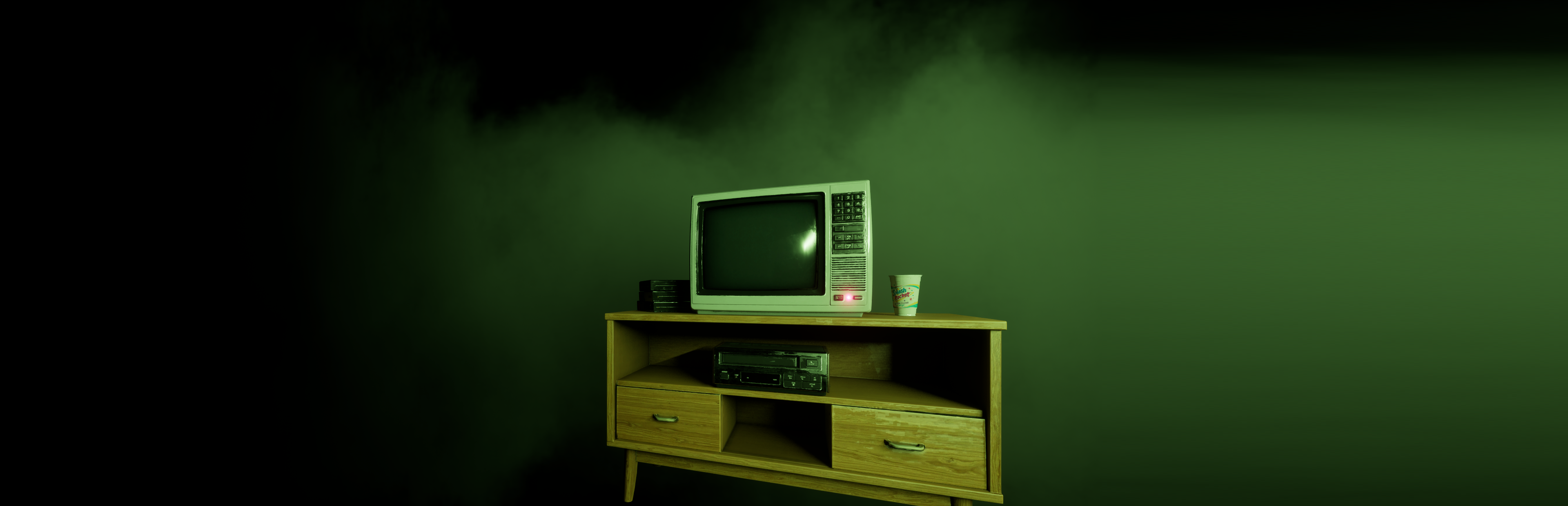 CRT television and VCR in green fog from Last Copy